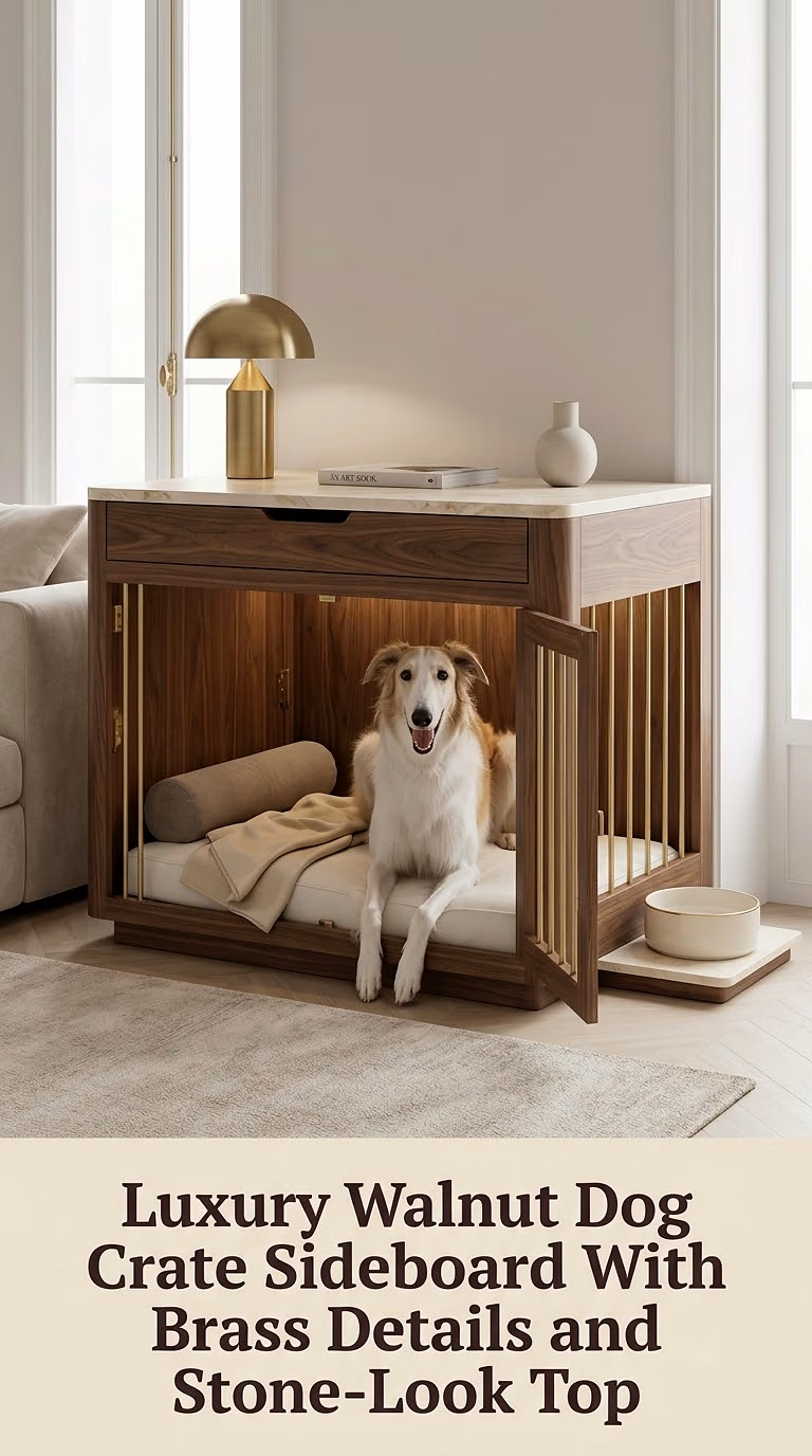 Luxury Walnut Dog Crate Sideboard With Brass Details and Stone-Look Top