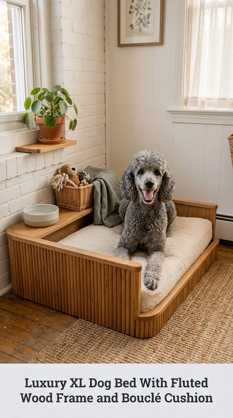 Luxury XL Dog Bed With Fluted Wood Frame and Bouclé Cushion