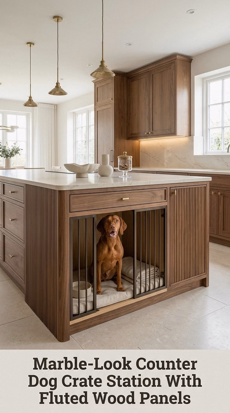 Marble-Look Counter Dog Crate Station With Fluted Wood Panels