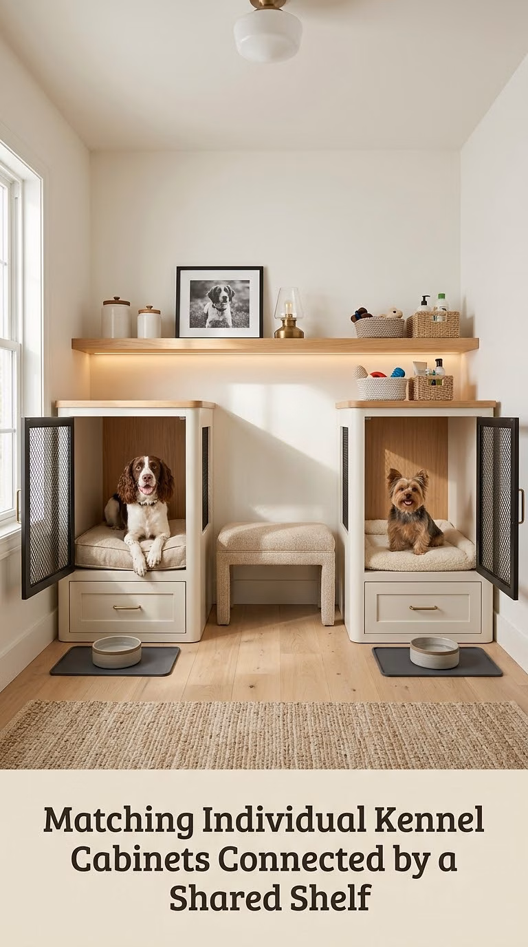 Matching Individual Kennel Cabinets Connected by a Shared Shelf