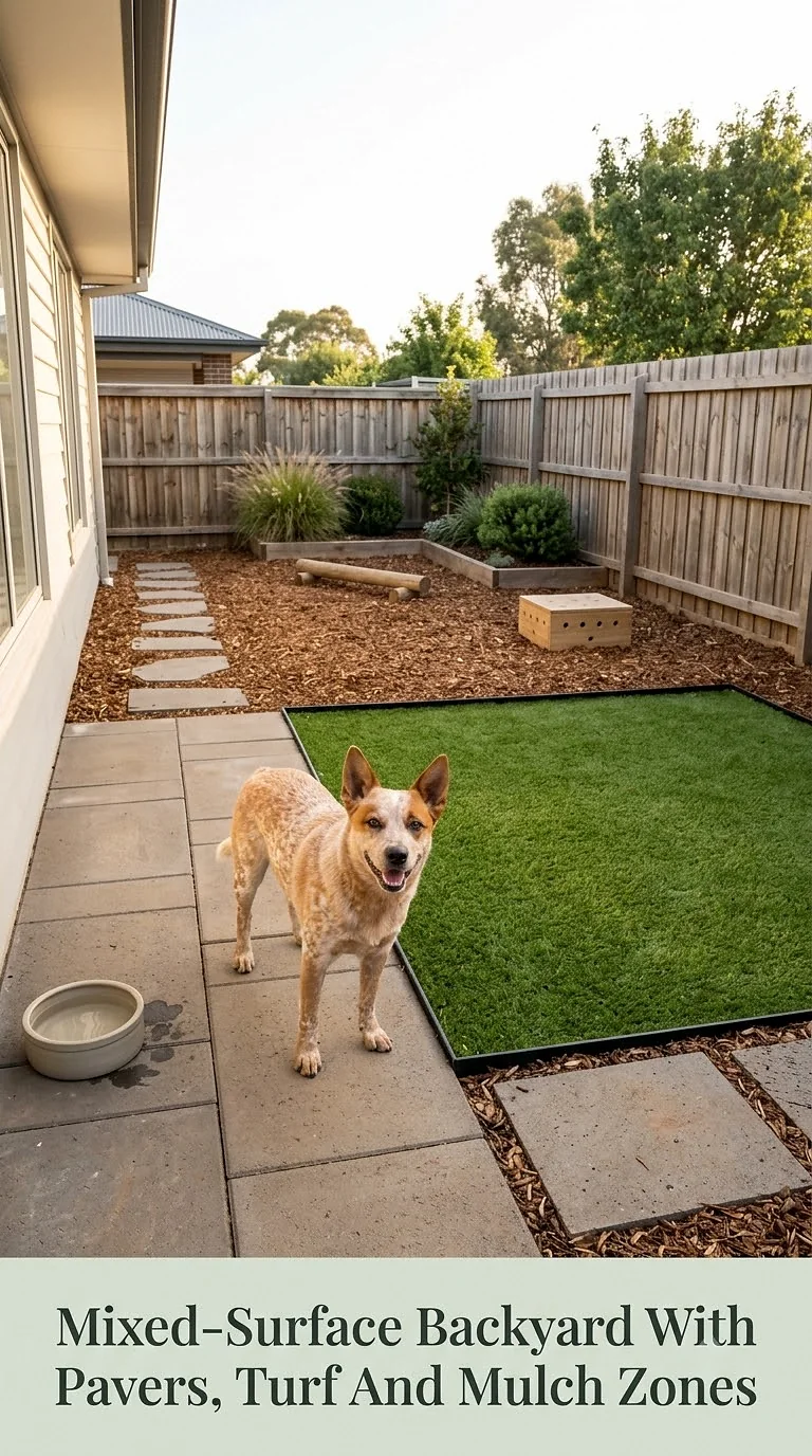 Mixed-Surface Backyard With Pavers, Turf And Mulch Zones