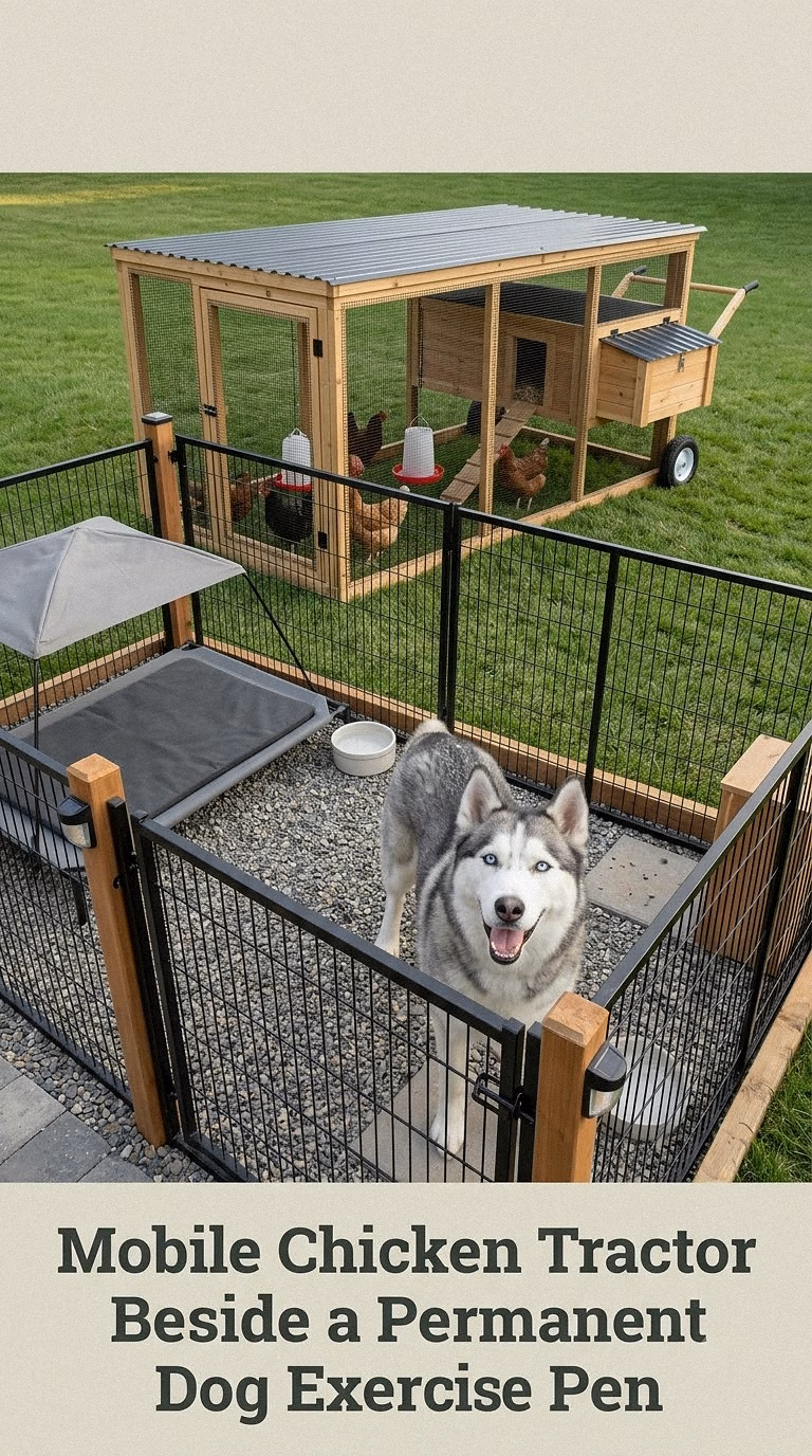 Mobile Chicken Tractor Beside a Permanent Dog Exercise Pen
