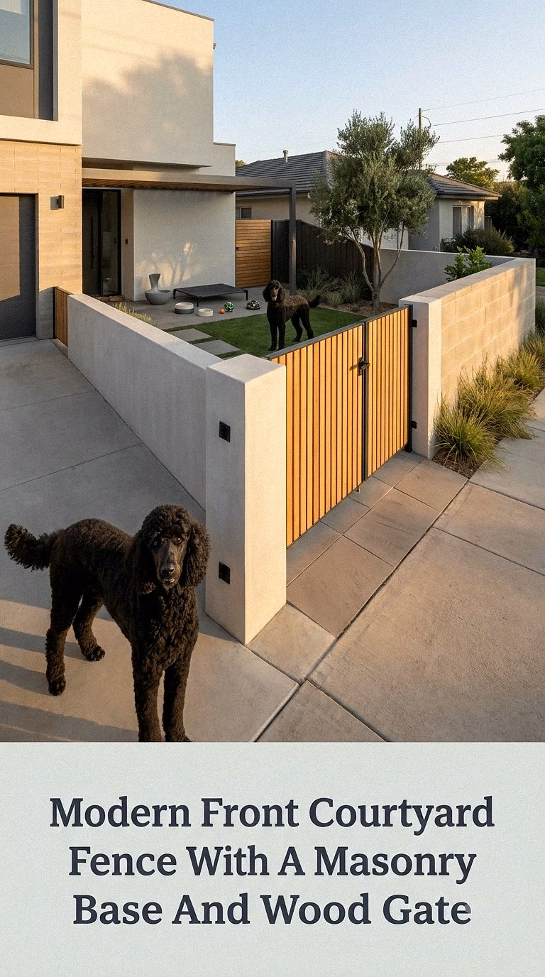 Modern Front Courtyard Fence With A Masonry Base And Wood Gate