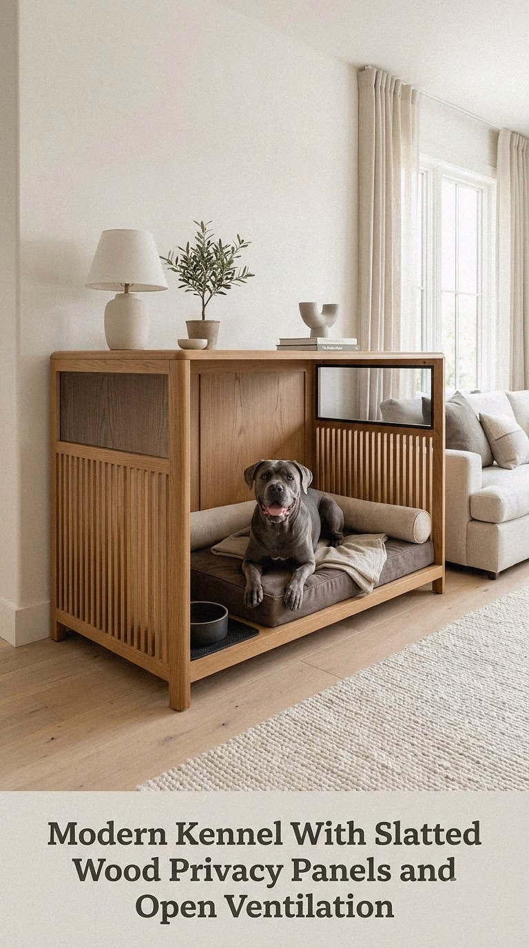 Modern Kennel With Slatted Wood Privacy Panels and Open Ventilation