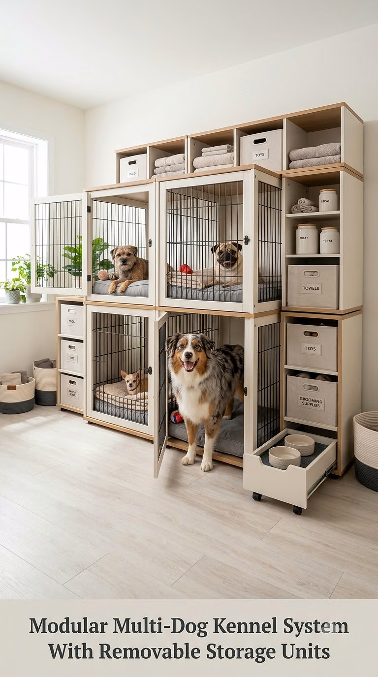 Modular Multi-Dog Kennel System With Removable Storage Units