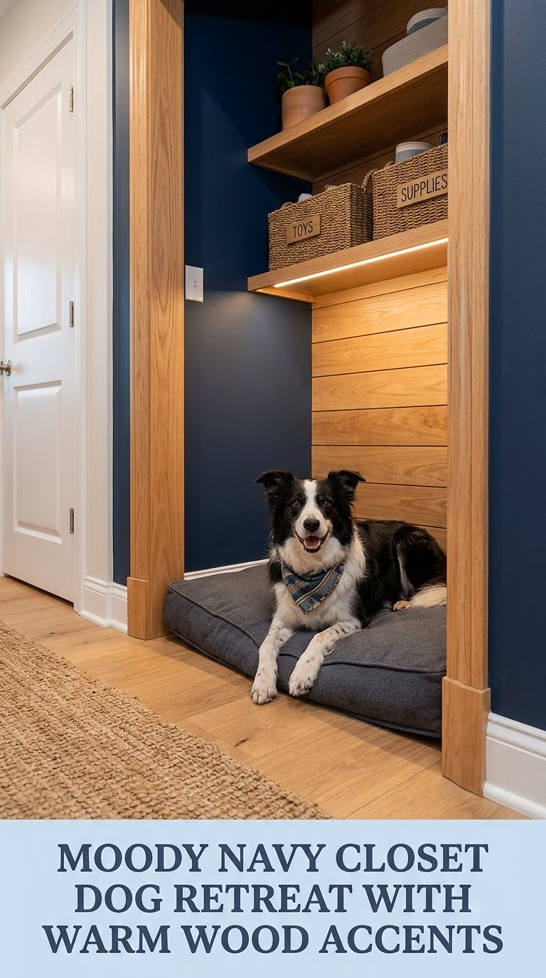 Moody Navy Closet Dog Retreat With Warm Wood Accents