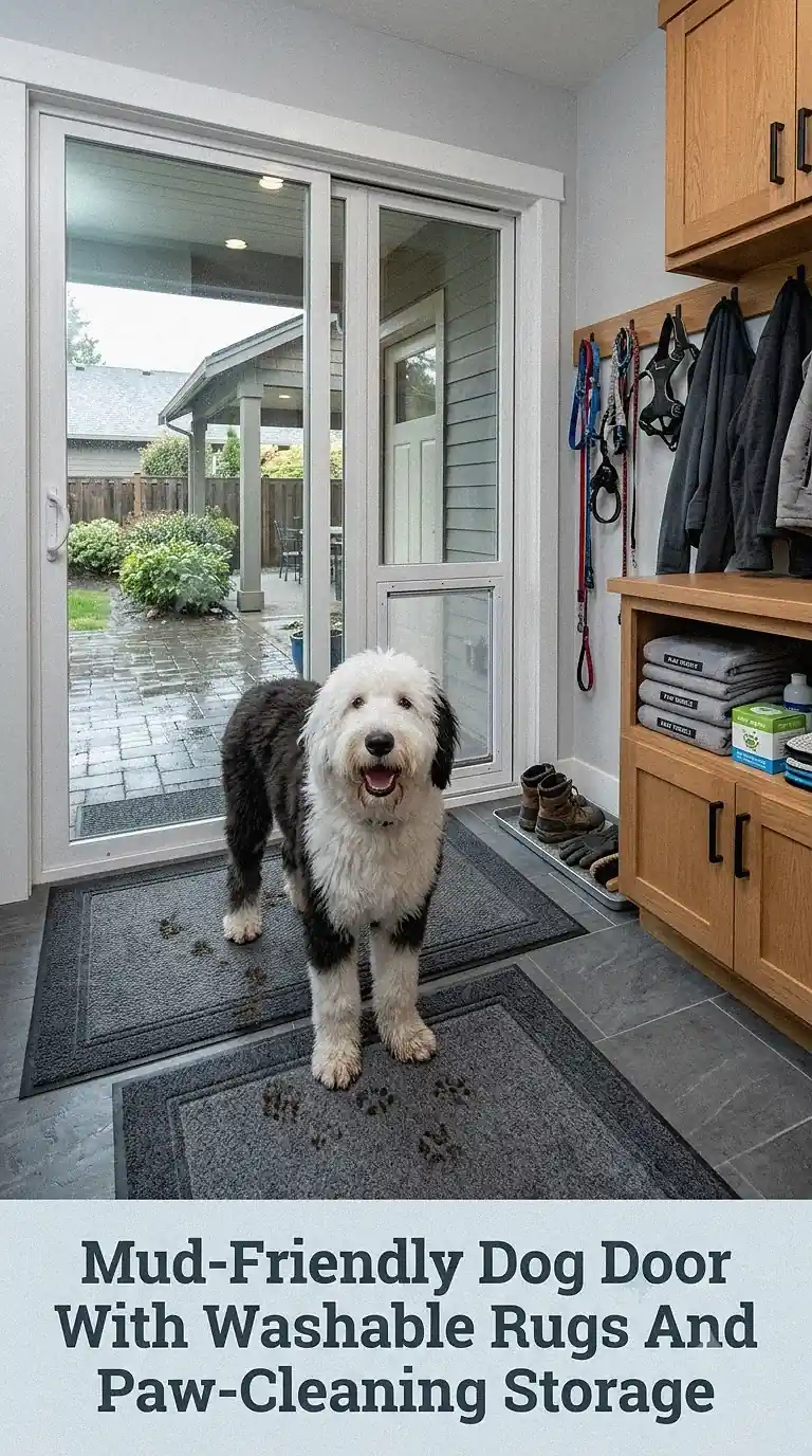 Mud-Friendly Dog Door With Washable Rugs And Paw-Cleaning Storage