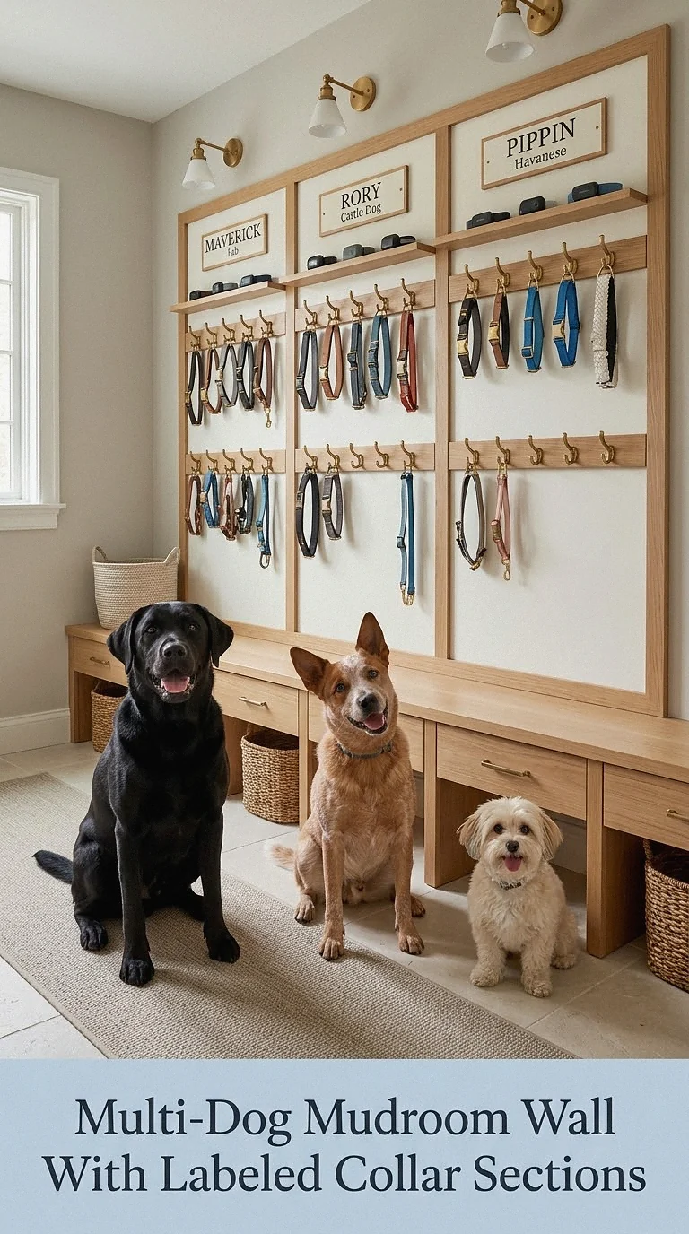 Multi-Dog Mudroom Wall With Labeled Collar Sections