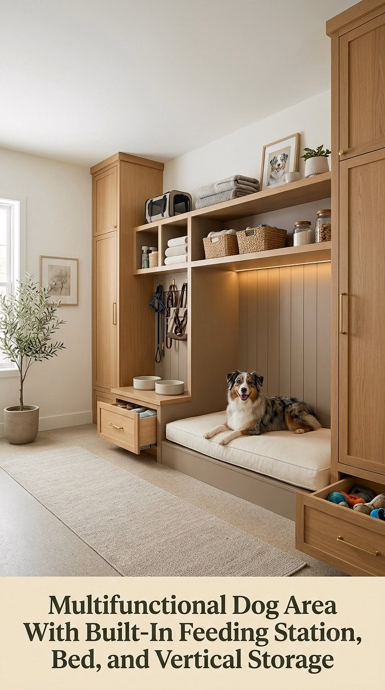 18. Multifunctional Dog Area With Built-In Feeding Station, Bed, and Vertical Storage