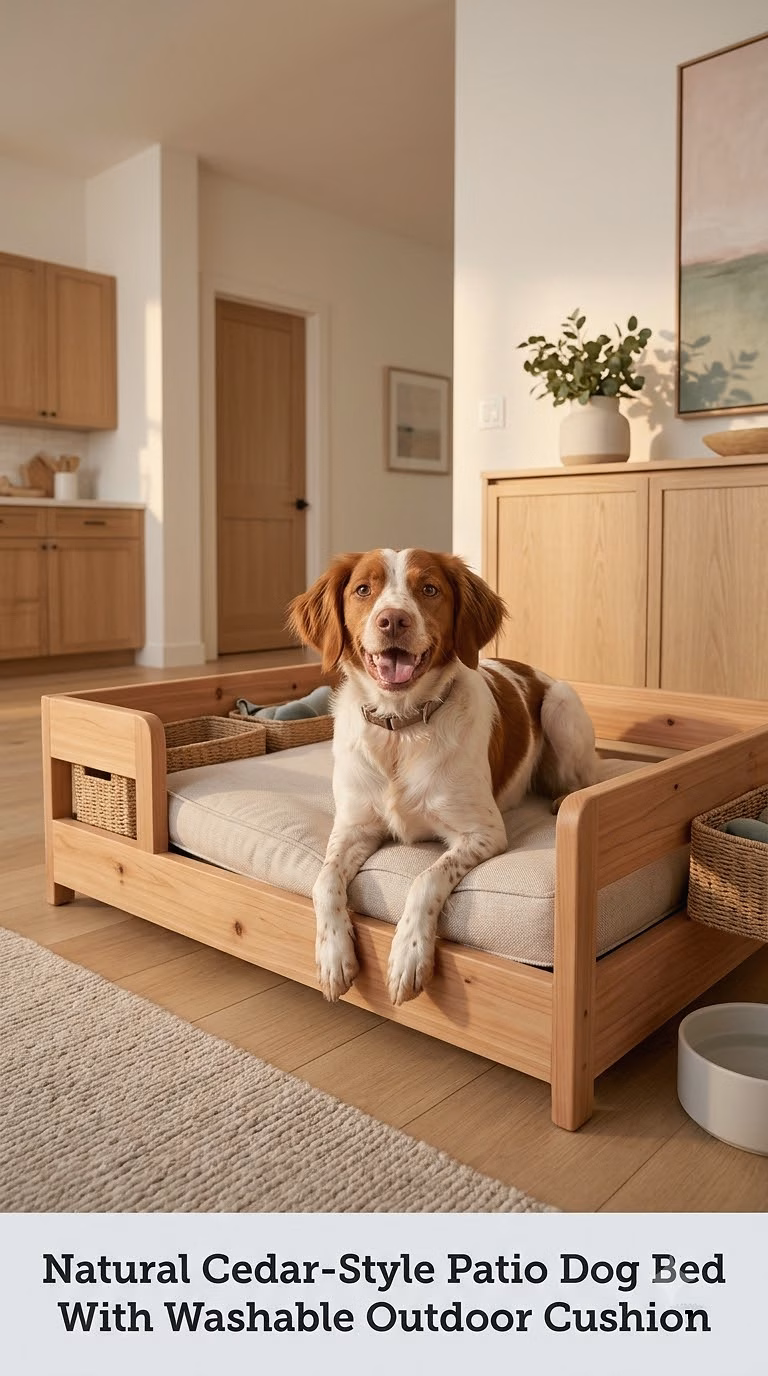 Natural Cedar-Style Patio Dog Bed With Washable Outdoor Cushion