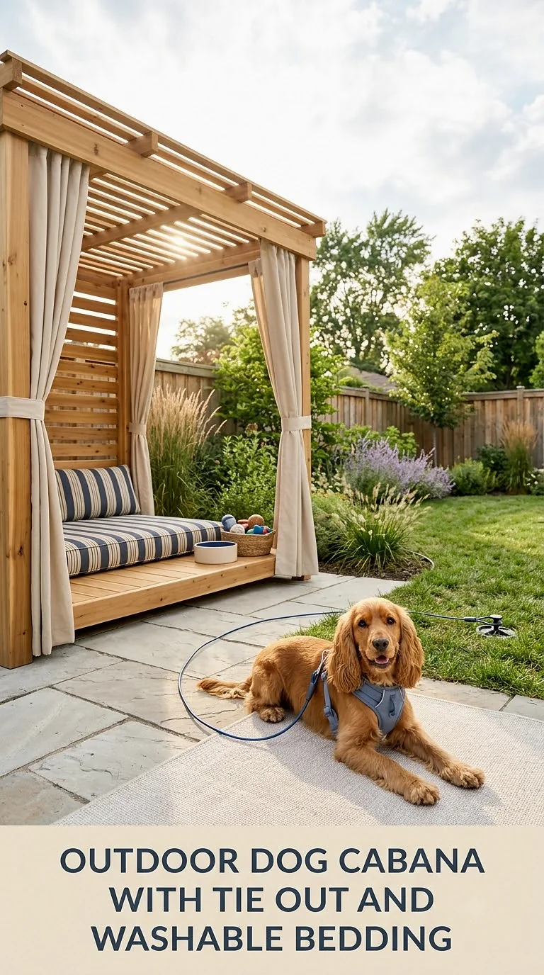Outdoor Dog Cabana With Tie Out And Washable Bedding