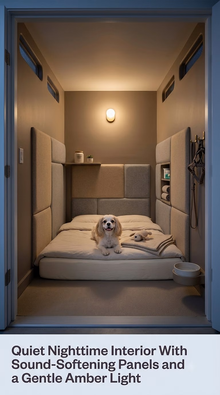 18. Quiet Nighttime Interior With Sound-Softening Panels and a Gentle Amber Light