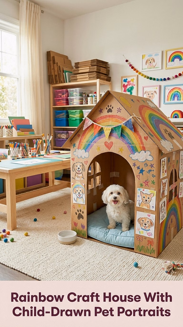 Rainbow Craft House With Child-Drawn Pet Portraits
