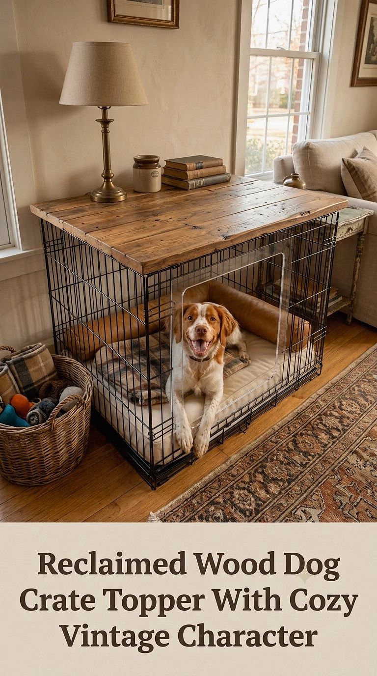 Reclaimed Wood Dog Crate Topper With Cozy Vintage Character