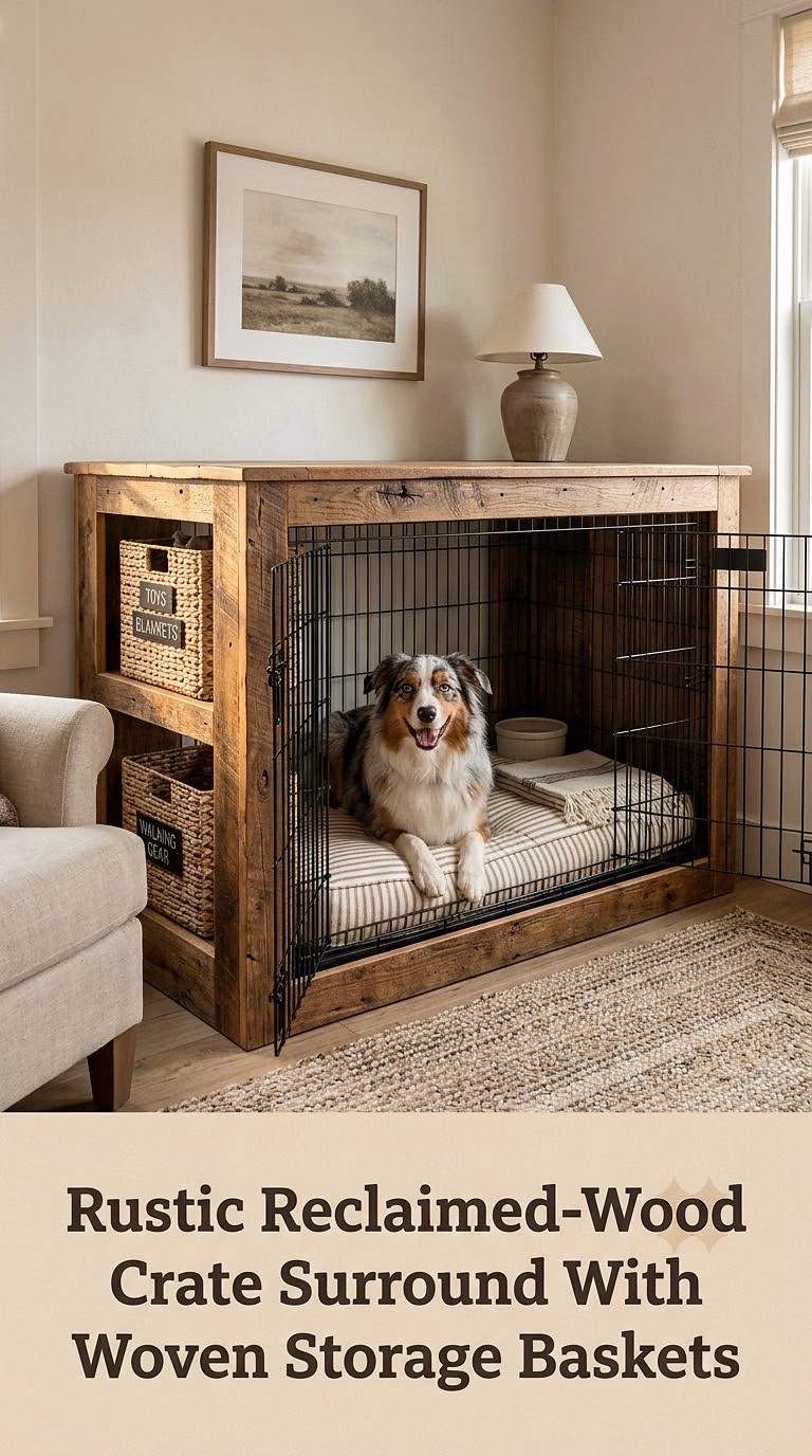 Rustic Reclaimed-Wood Crate Surround With Woven Storage Baskets