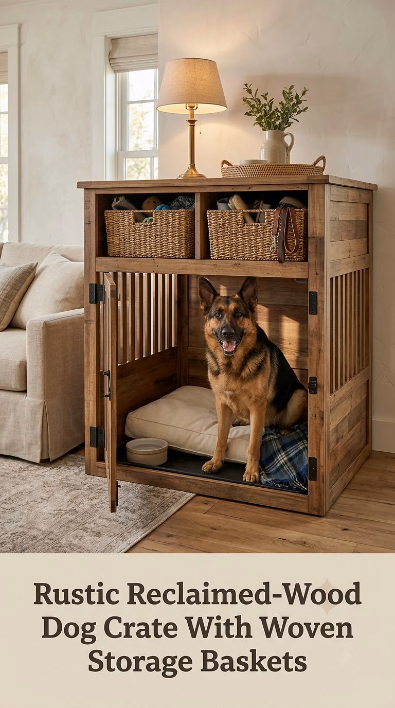 Rustic Reclaimed-Wood Dog Crate With Woven Storage Baskets