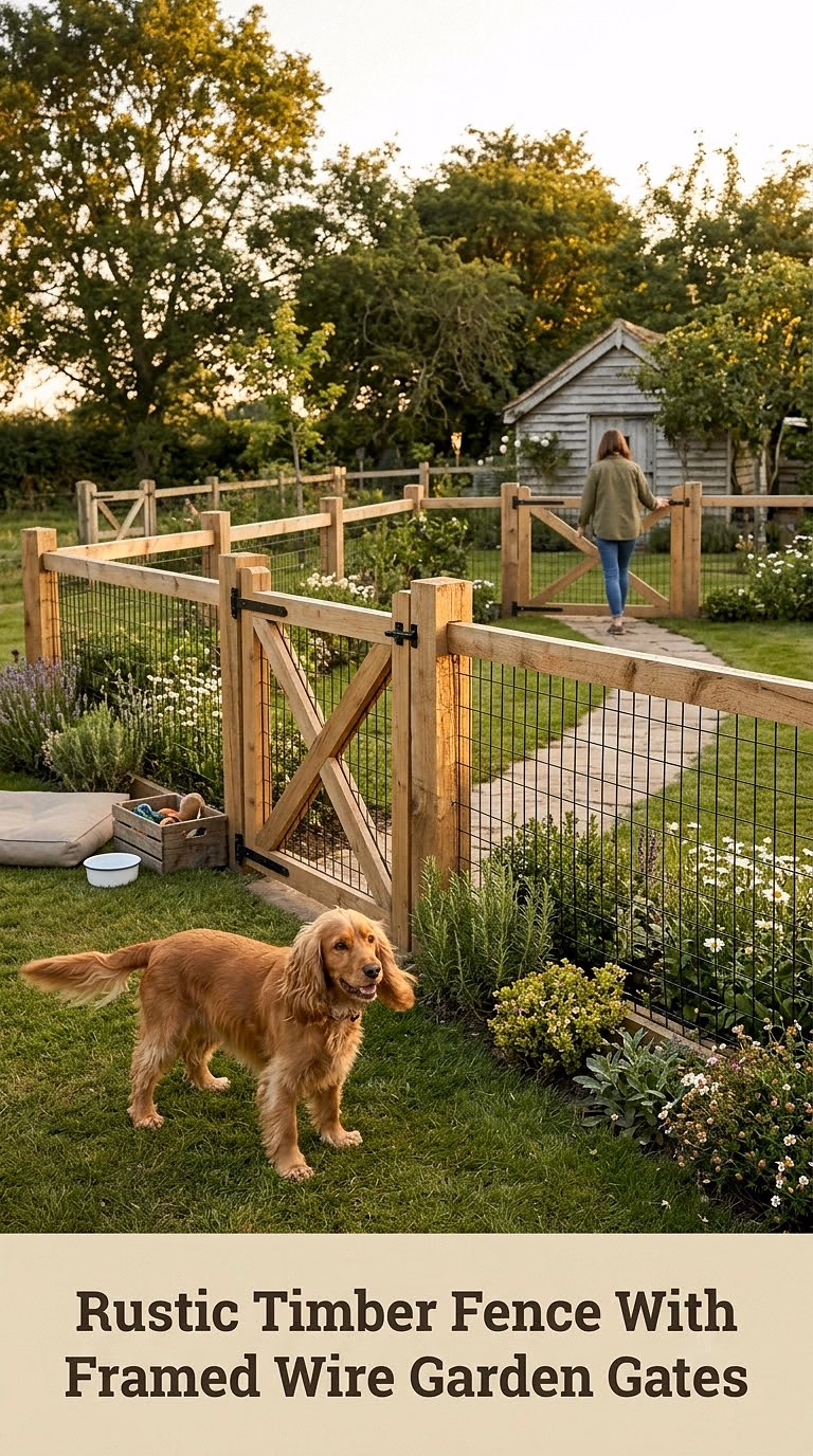 Rustic Timber Fence With Framed Wire Garden Gates