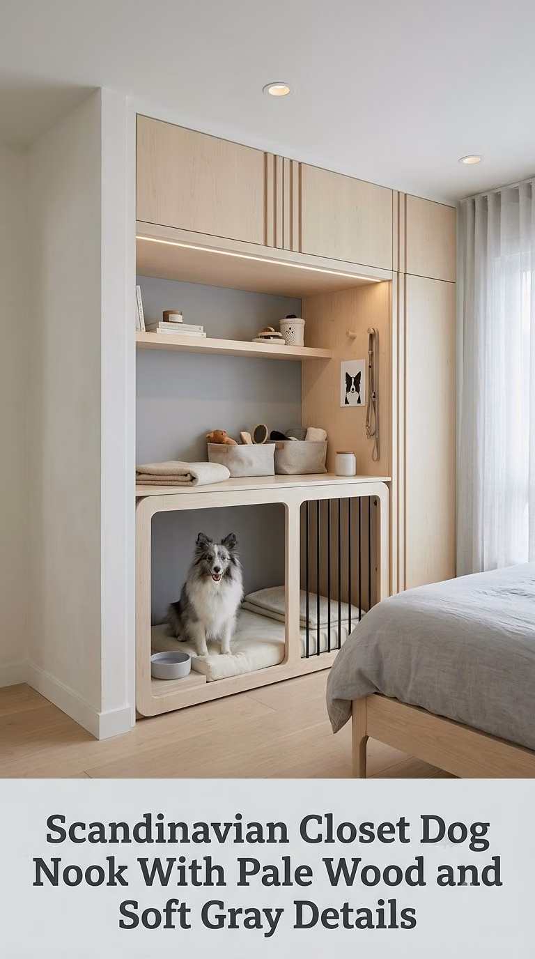 Scandinavian Closet Dog Nook With Pale Wood and Soft Gray Details