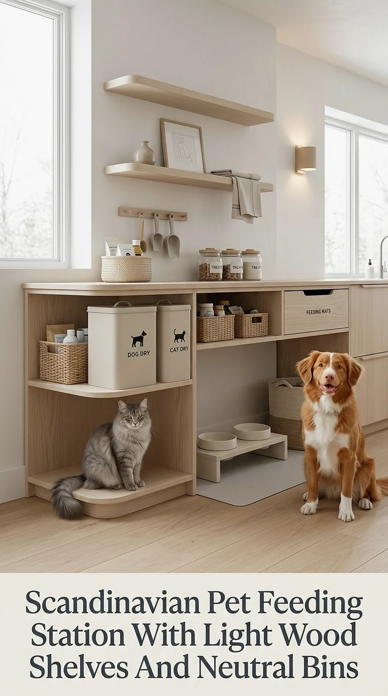 Scandinavian Pet Feeding Station With Light Wood Shelves And Neutral Bins