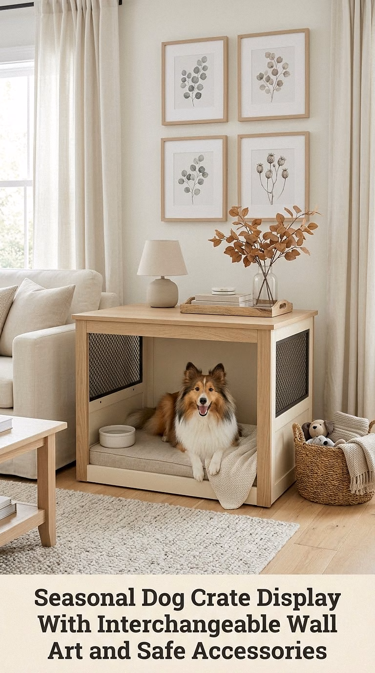 Seasonal Dog Crate Display With Interchangeable Wall Art and Safe Accessories