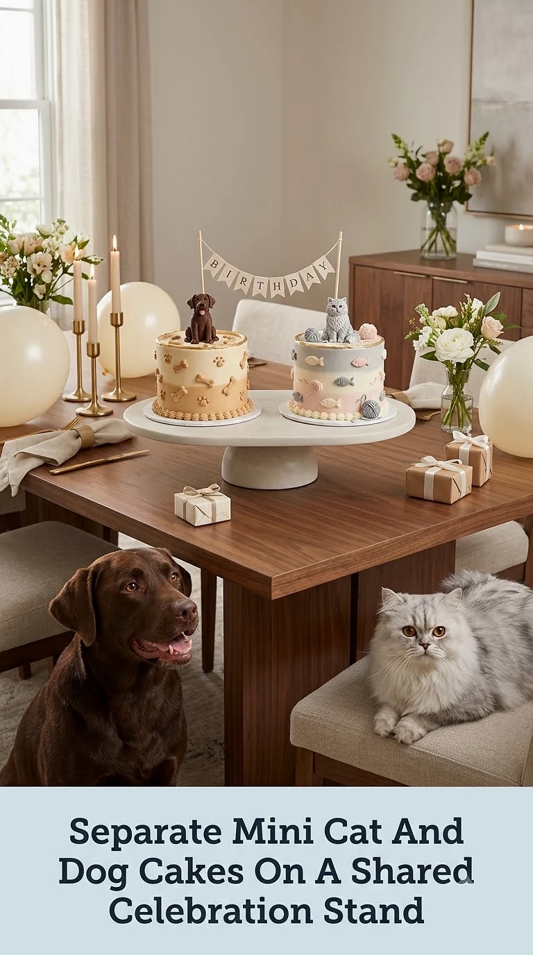 Separate Mini Cat And Dog Cakes On A Shared Celebration Stand