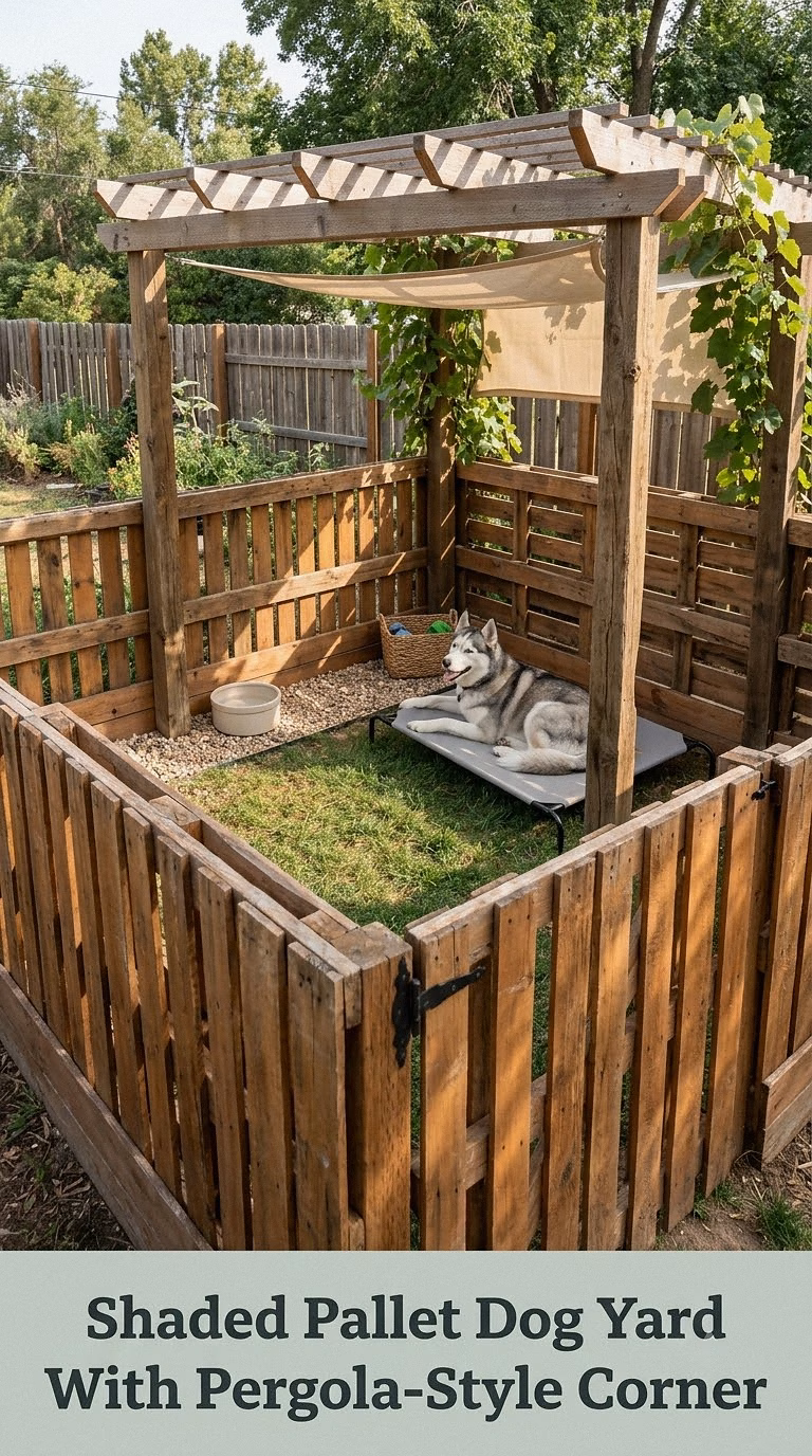 Shaded Pallet Dog Yard With Pergola-Style Corner
