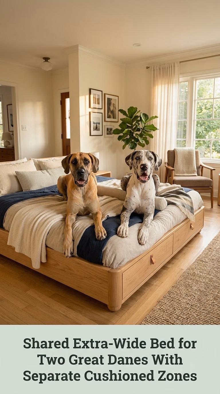 Shared Extra-Wide Bed for Two Great Danes With Separate Cushioned Zones