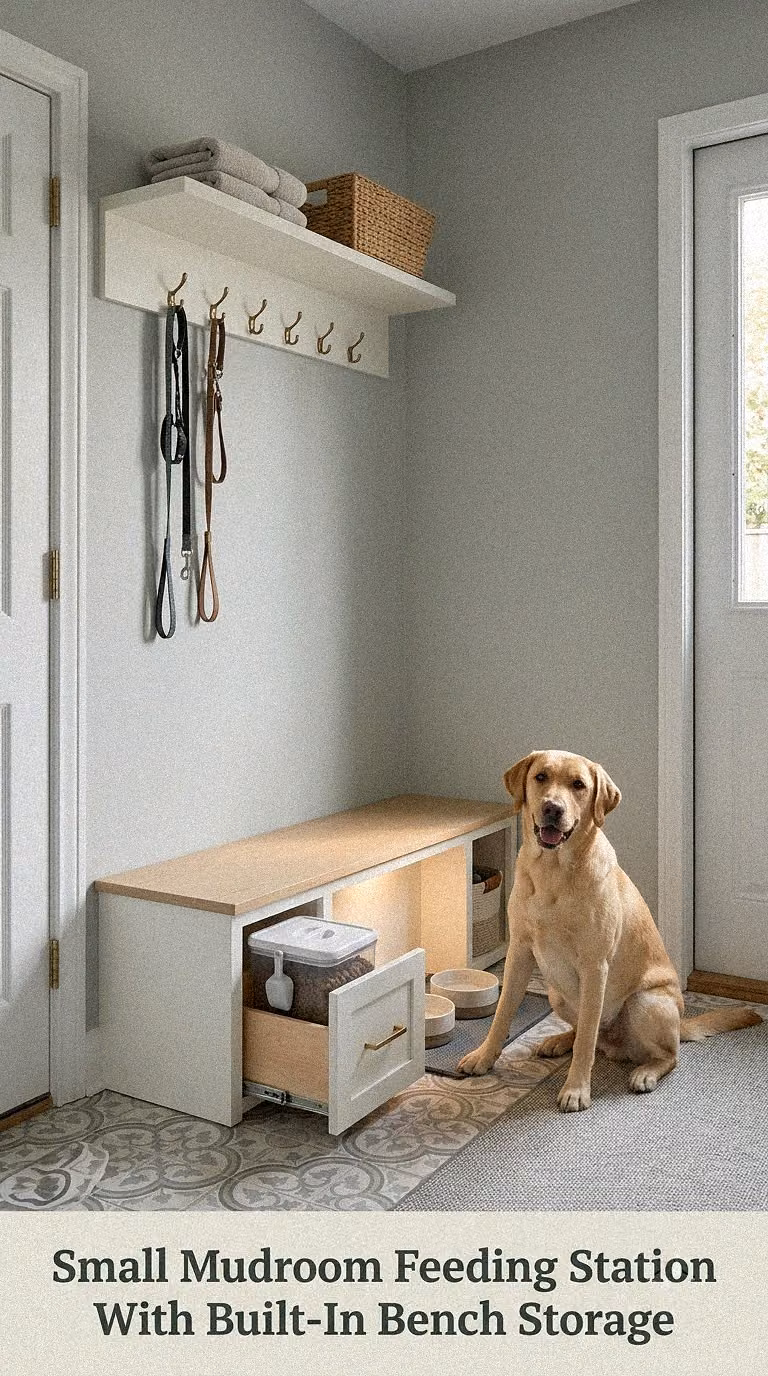 Small Mudroom Feeding Station With Built-In Bench Storage