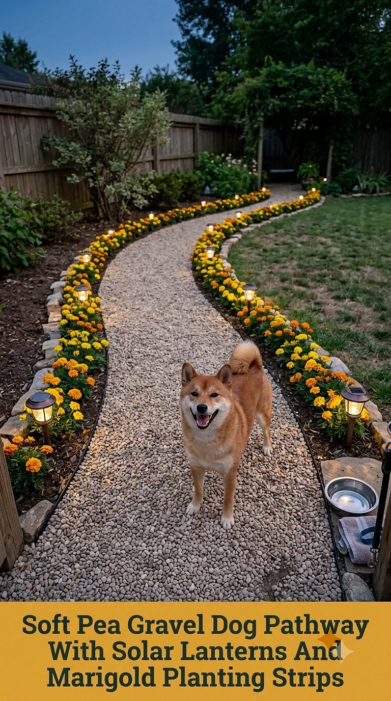 Soft Pea Gravel Dog Pathway With Solar Lanterns And Marigold Planting Strips