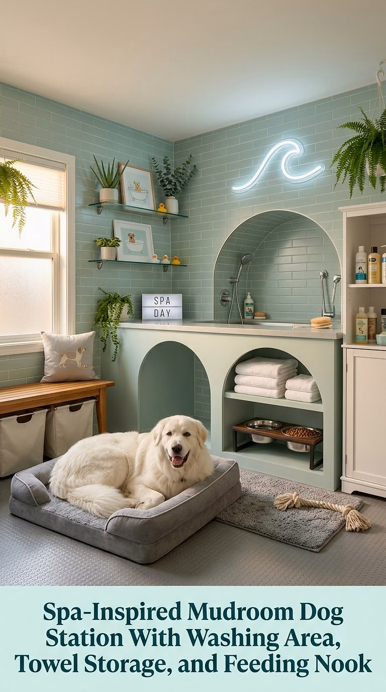 18. Spa-Inspired Mudroom Dog Station With Washing Area, Towel Storage, and Feeding Nook