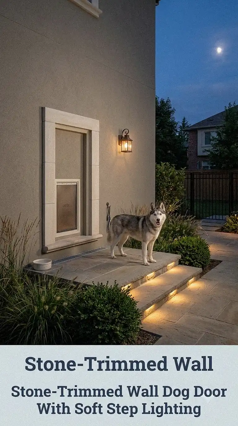 Stone-Trimmed Wall Dog Door With Soft Step Lighting