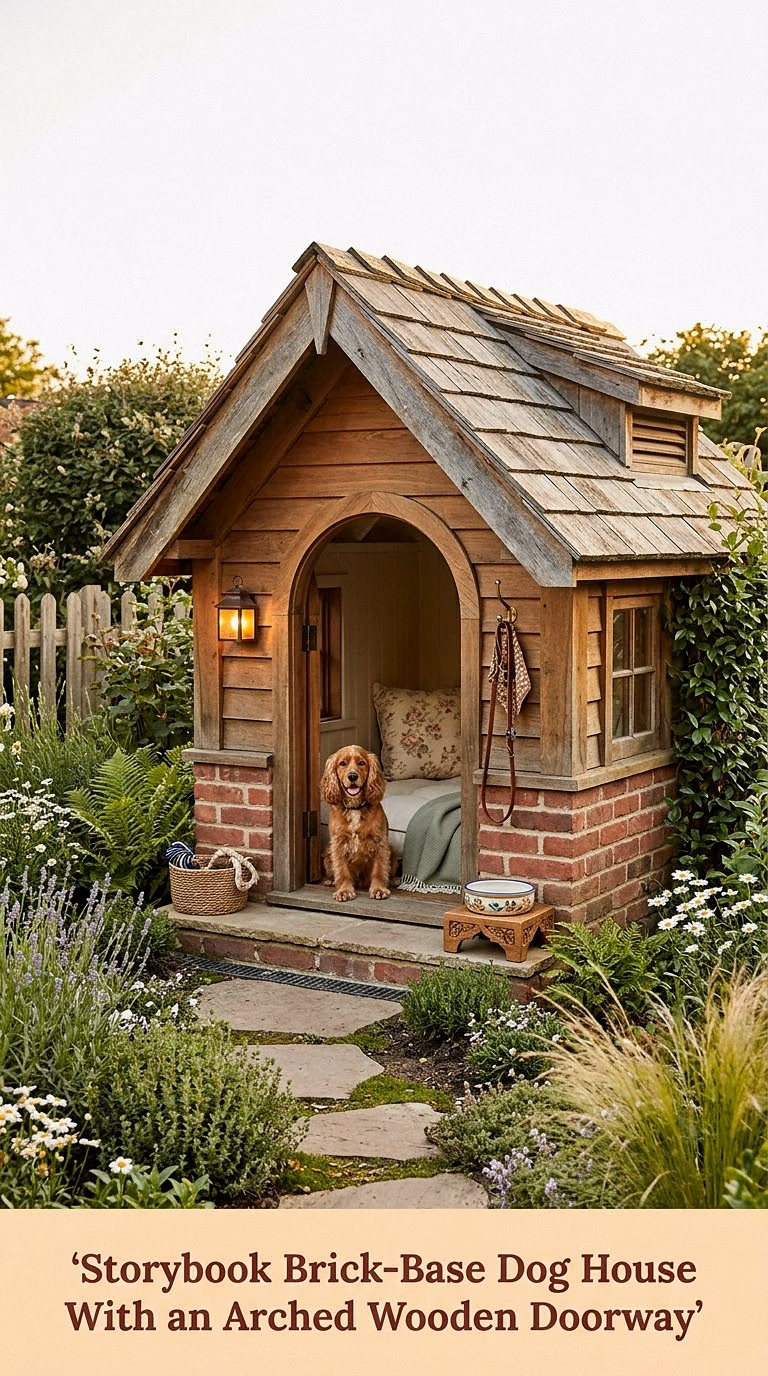 Storybook Brick-Base Dog House With an Arched Wooden Doorway