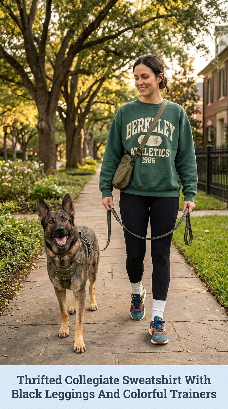 Thrifted Collegiate Sweatshirt With Black Leggings And Colorful Trainers