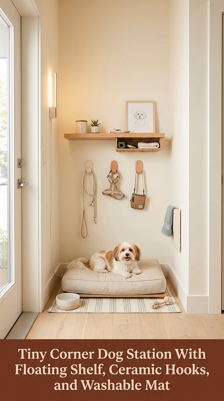 18. Tiny Corner Dog Station With Floating Shelf, Ceramic Hooks, and Washable Mat