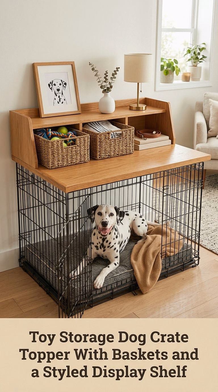 Toy Storage Dog Crate Topper With Baskets and a Styled Display Shelf