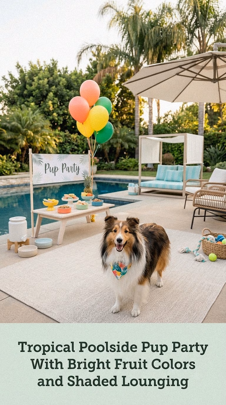 Tropical Poolside Pup Party With Bright Fruit Colors and Shaded Lounging