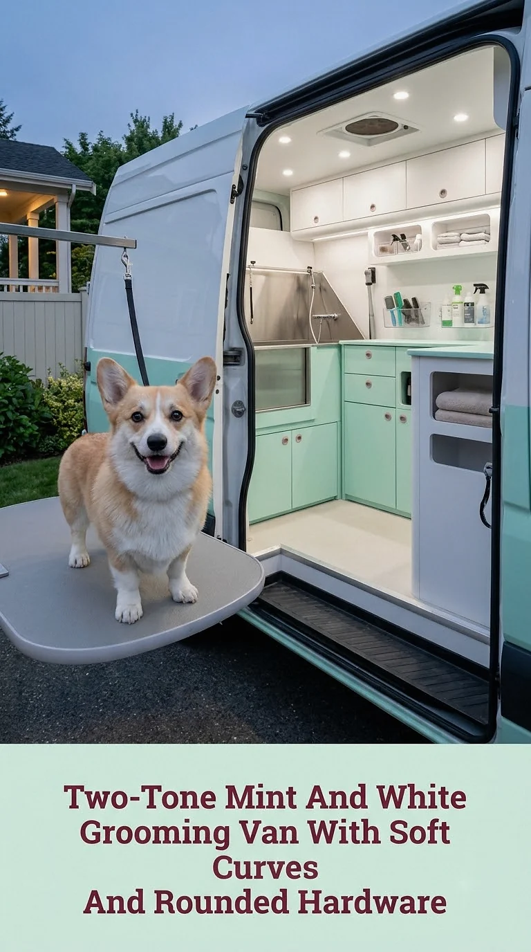 Two-Tone Mint And White Grooming Van With Soft Curves And Rounded Hardware