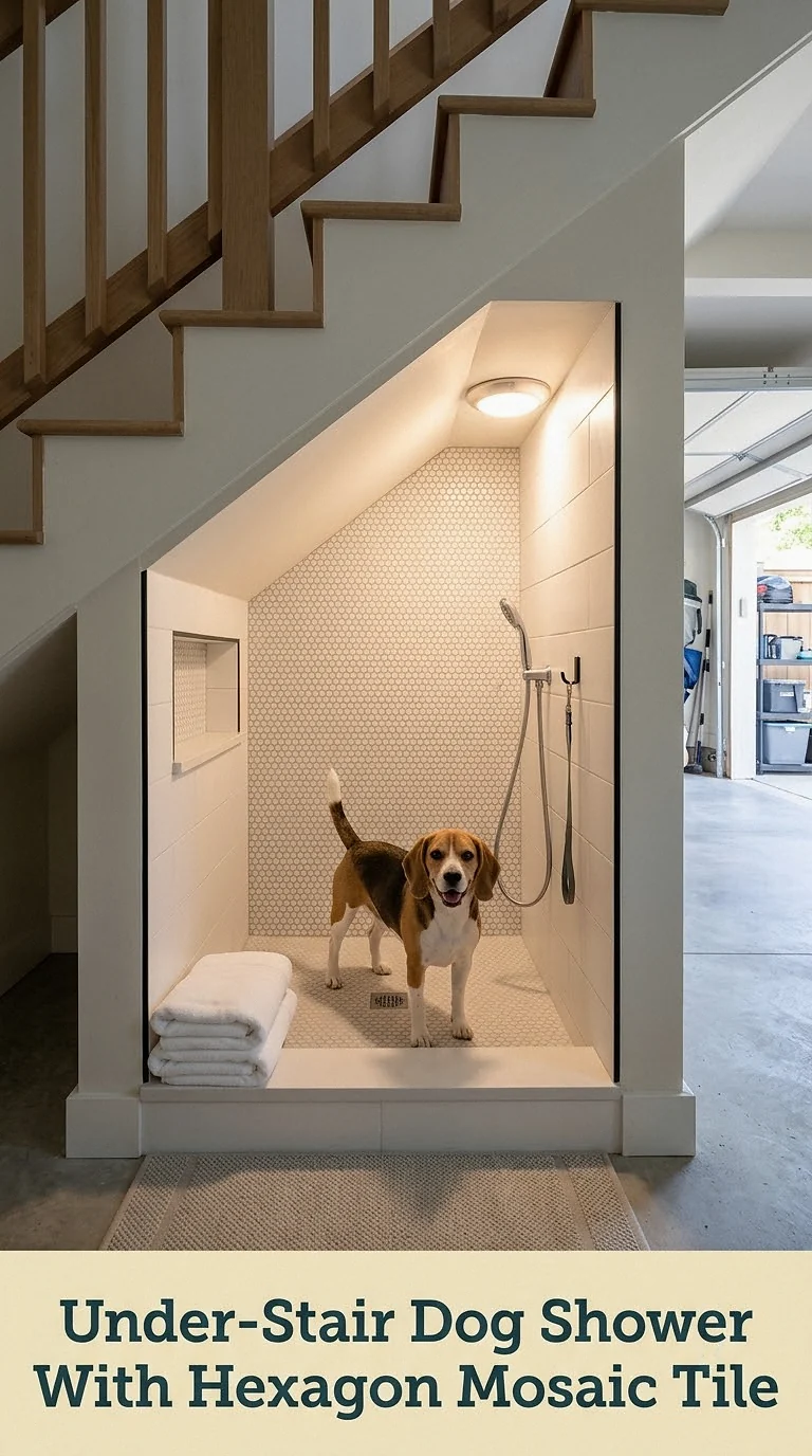 Under-Stair Dog Shower With Hexagon Mosaic Tile