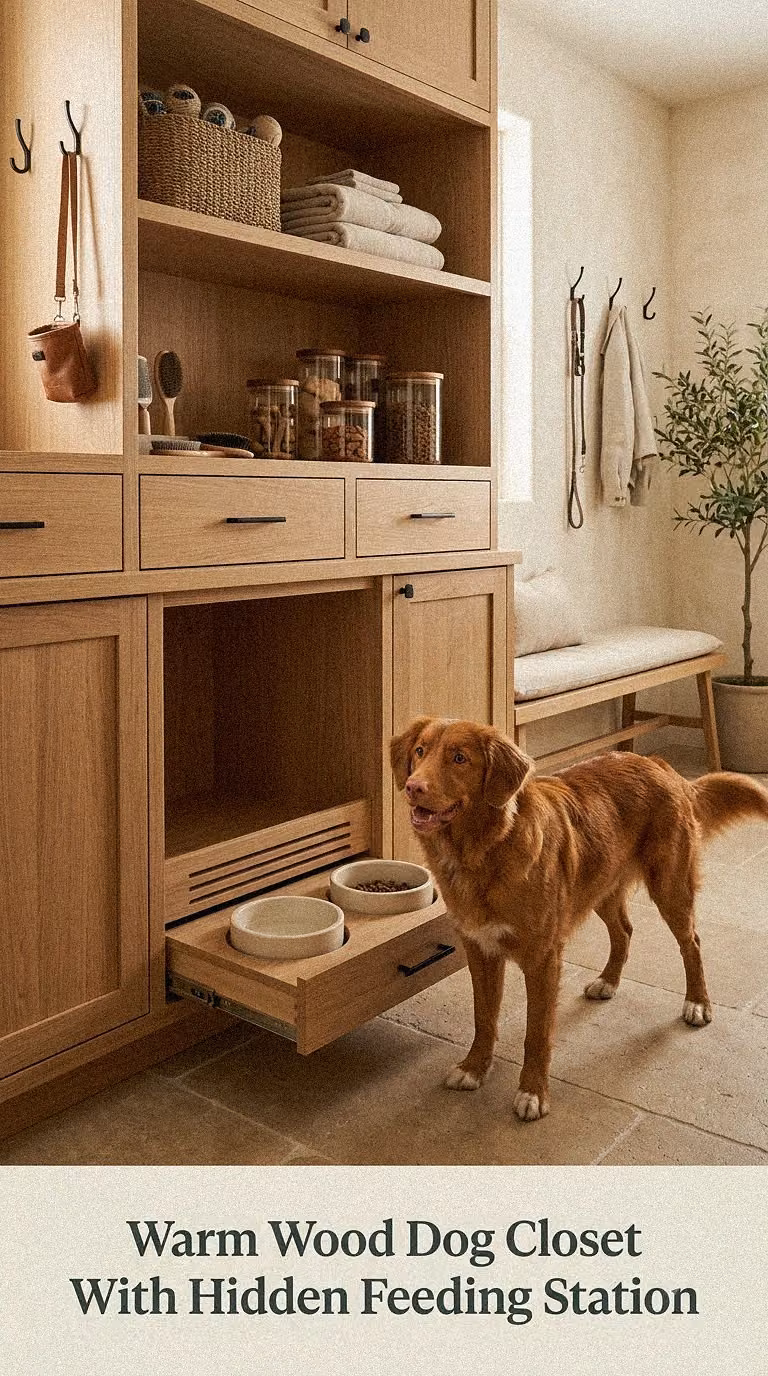 Warm Wood Dog Closet With Hidden Feeding Station