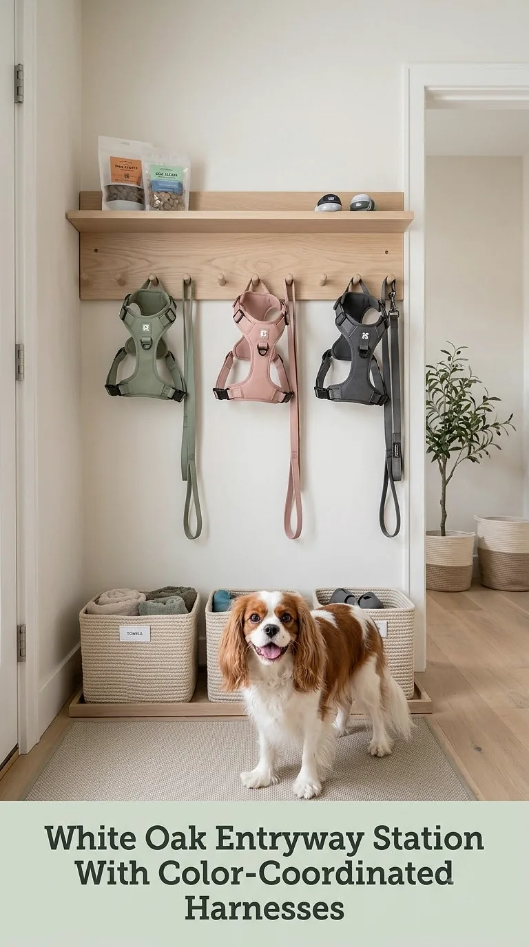 White Oak Entryway Station With Color-Coordinated Harnesses