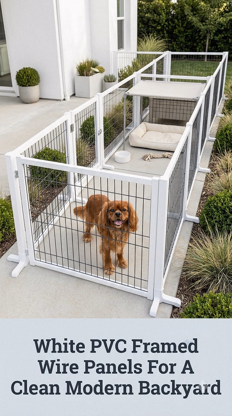 White PVC Framed Wire Panels For A Clean Modern Backyard