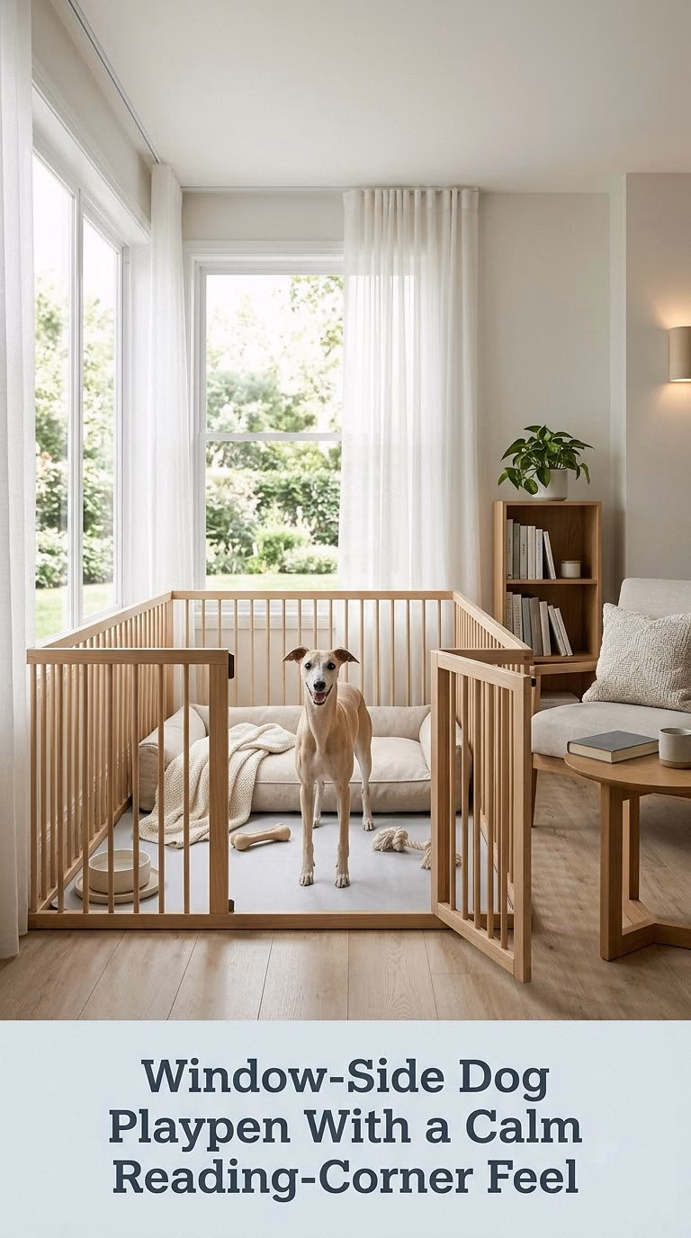 Window-Side Dog Playpen With a Calm Reading-Corner Feel