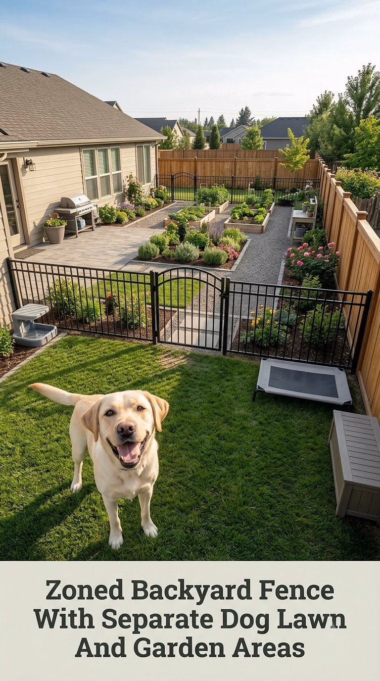 Zoned Backyard Fence With Separate Dog Lawn And Garden Areas