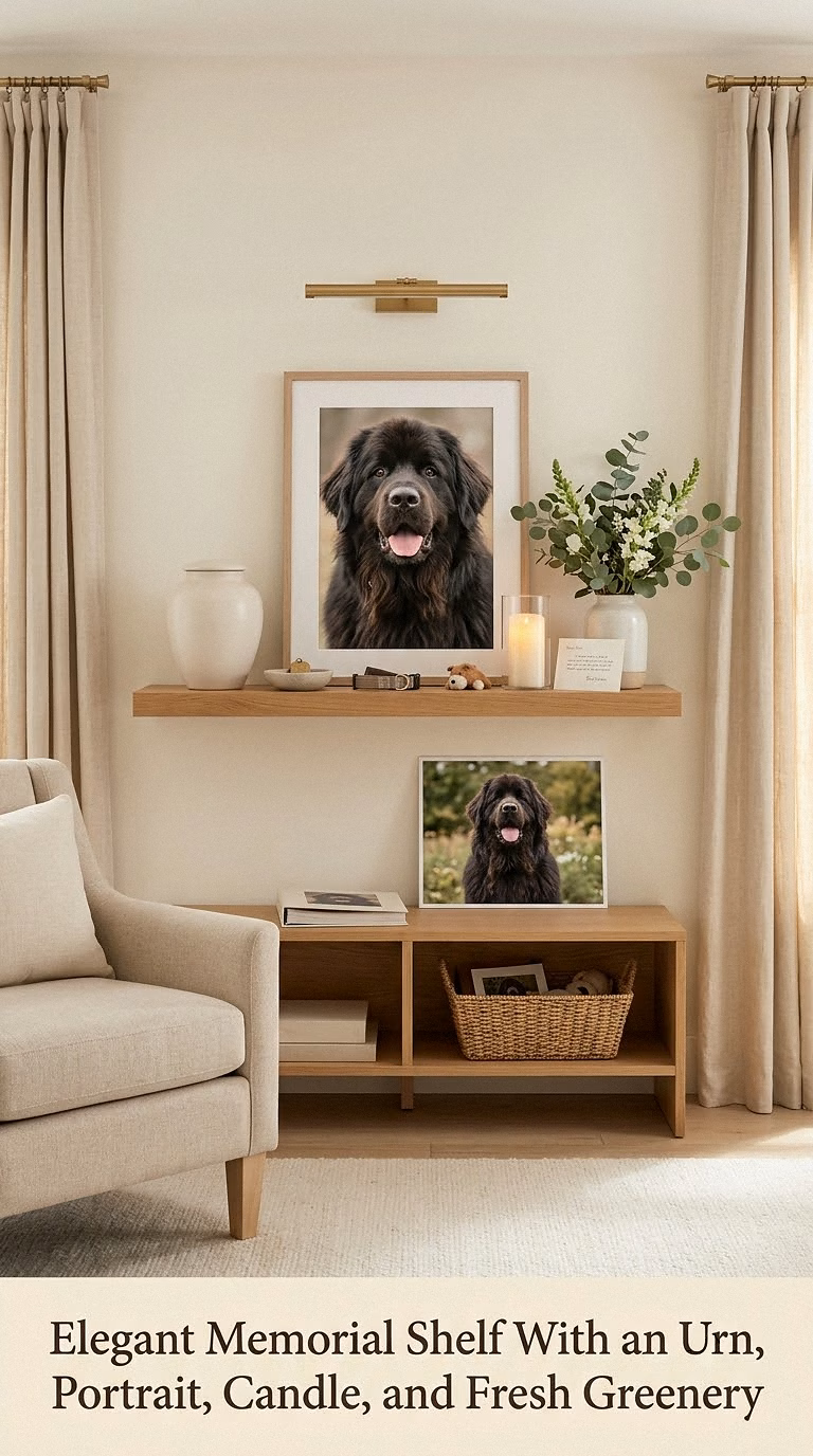 19. Elegant Memorial Shelf With an Urn, Portrait, Candle, and Fresh Greenery