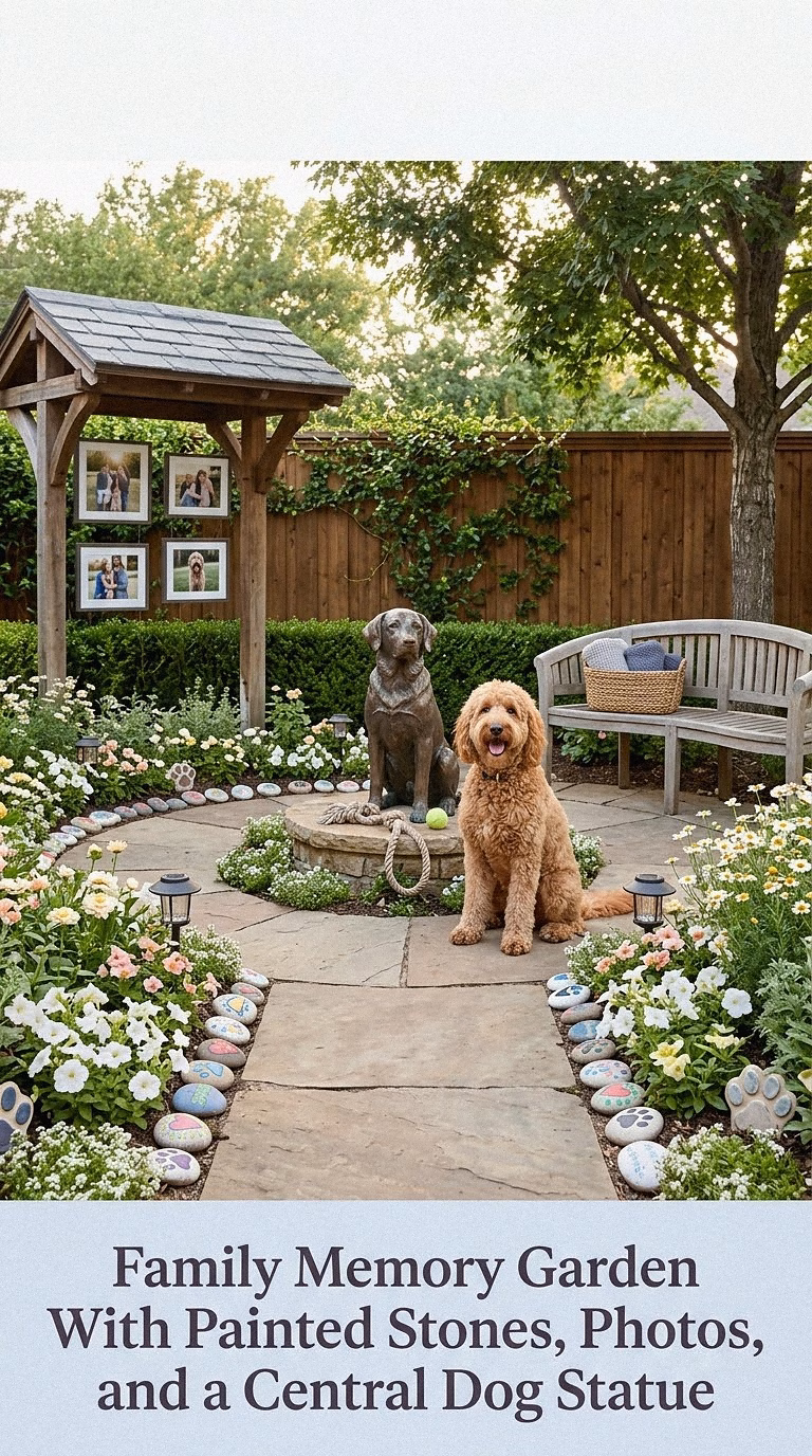 19. Family Memory Garden With Painted Stones, Photos, and a Central Dog Statue