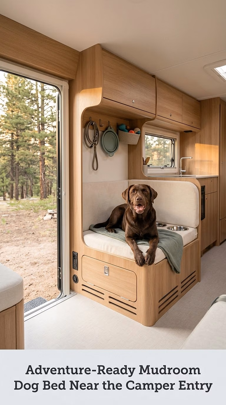 Adventure-Ready Mudroom Dog Bed Near the Camper Entry