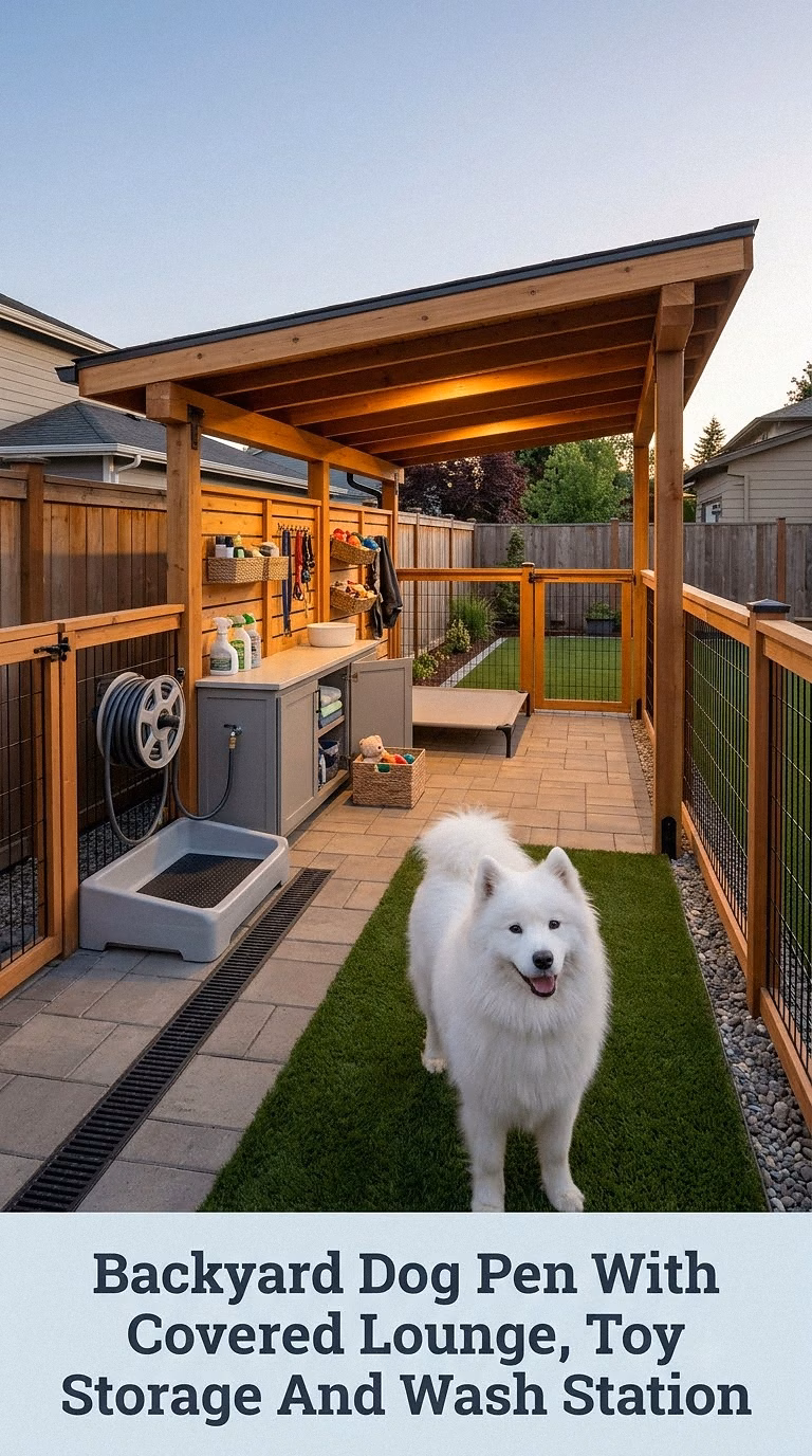 Backyard Dog Pen With Covered Lounge, Toy Storage And Wash Station