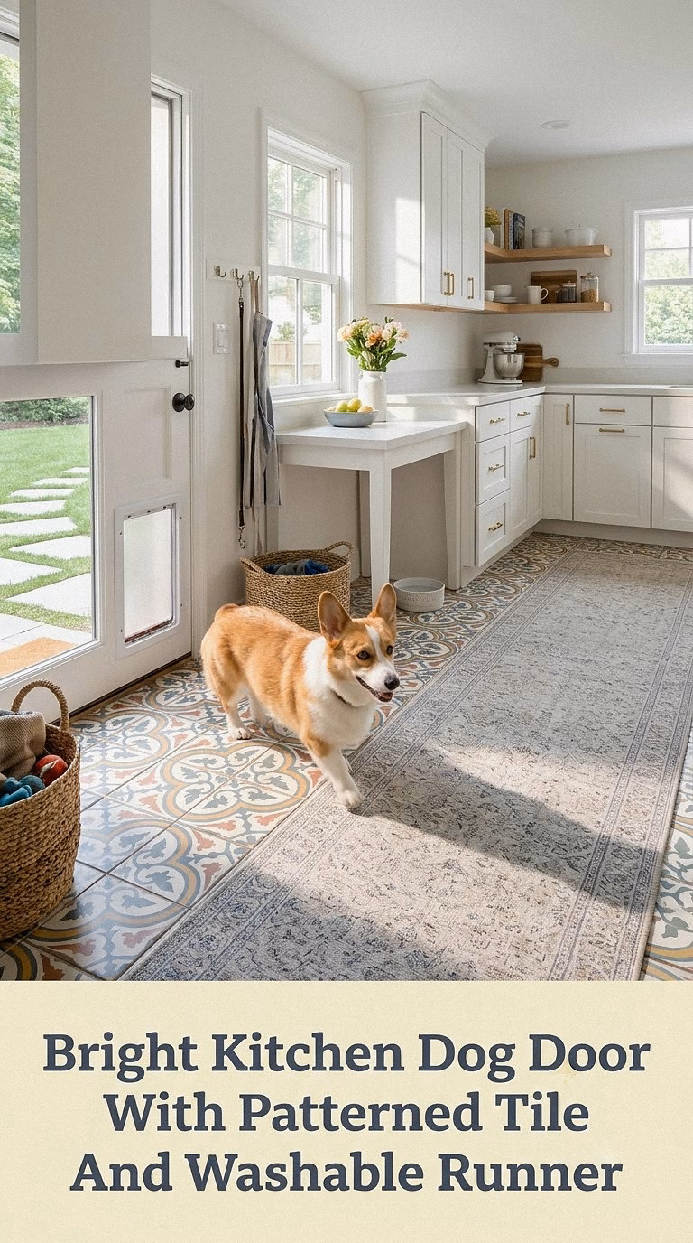 Bright Kitchen Dog Door With Patterned Tile And Washable Runner