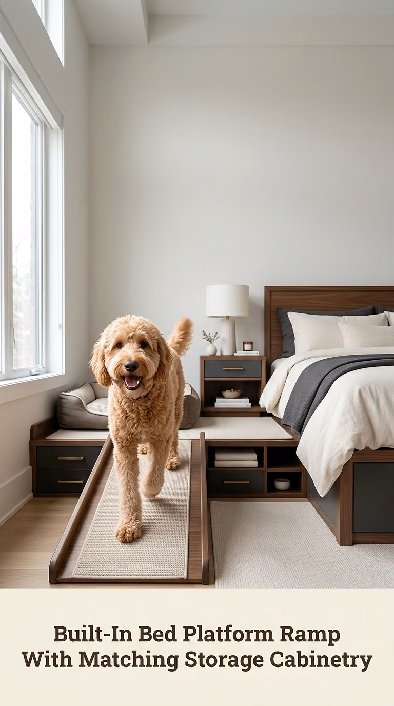 Built-In Bed Platform Ramp With Matching Storage Cabinetry