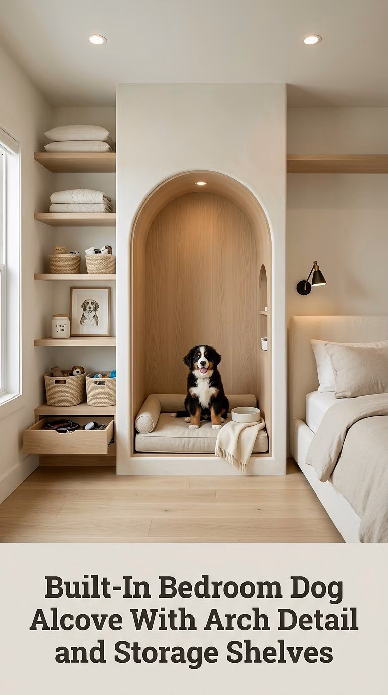 Built-In Bedroom Dog Alcove With Arch Detail and Storage Shelves